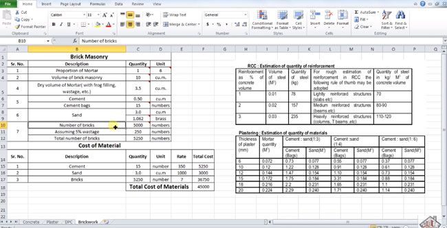Brick Masonry-Estimating quantity of Cement, Sand & Bricks in Microsoft Excel