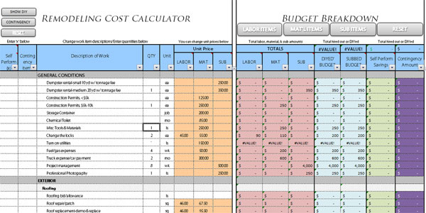 Construction Cost Analysis and Project Management Calculator Sheet